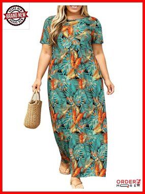 Plus Size Maxi Dress with Pockets Loose Casual Summer Dress Short Sleeve